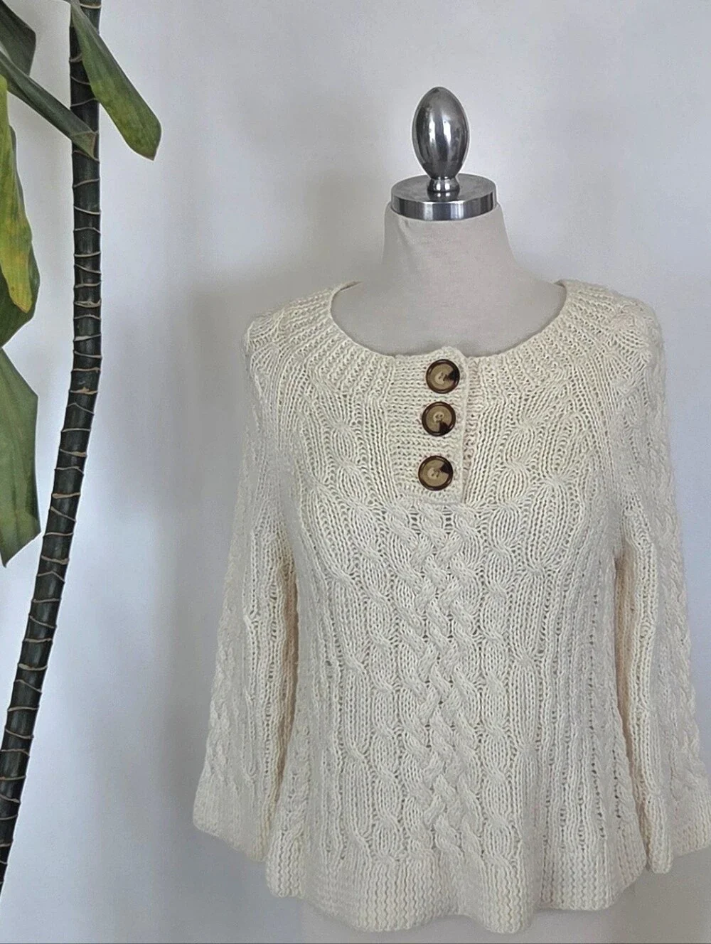 Michael Kors Wool Cable Knit Button Sweater Ivory Cardigan Boho Fall Chunky Knit
